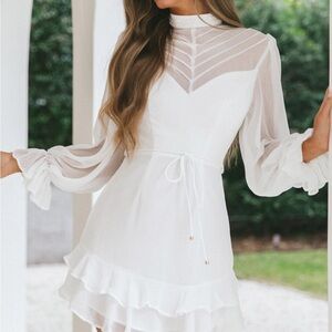 Selfie Leslie White Sheer Yoke Ruffle Mini Dress